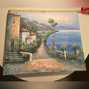 Italian Villa by the Sea Canvas Painting. 2’Wx1’8.5”H
